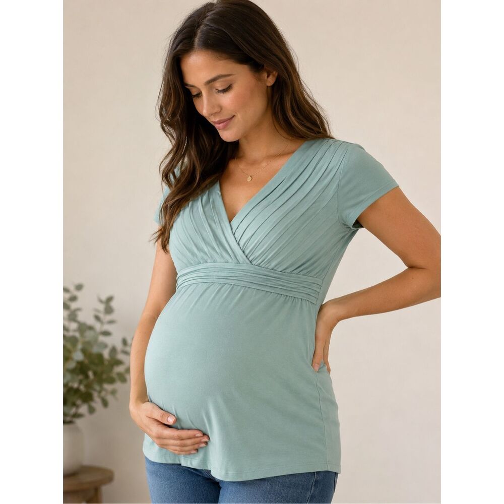 Duo Maternity 2X Pink Ruched V Neck Stretch Maternity Top Plus Size